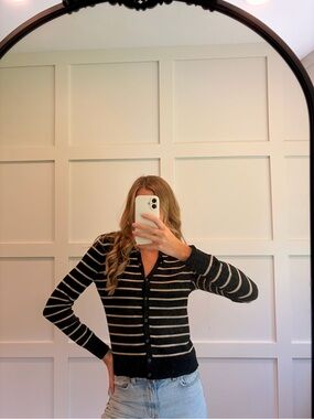 GAP Black and Cream Striped Button-Up Women's Cardigan